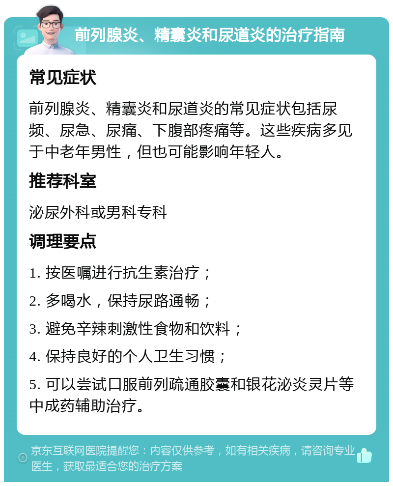 前列腺炎、精囊炎和尿道炎的治疗指南 常见症状 前列腺炎、精囊炎和尿道炎的常见症状包括尿频、尿急、尿痛、下腹部疼痛等。这些疾病多见于中老年男性，但也可能影响年轻人。 推荐科室 泌尿外科或男科专科 调理要点 1. 按医嘱进行抗生素治疗； 2. 多喝水，保持尿路通畅； 3. 避免辛辣刺激性食物和饮料； 4. 保持良好的个人卫生习惯； 5. 可以尝试口服前列疏通胶囊和银花泌炎灵片等中成药辅助治疗。