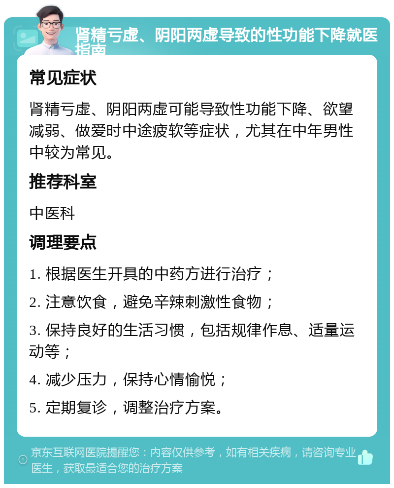 肾精亏虚、阴阳两虚导致的性功能下降就医指南 常见症状 肾精亏虚、阴阳两虚可能导致性功能下降、欲望减弱、做爱时中途疲软等症状，尤其在中年男性中较为常见。 推荐科室 中医科 调理要点 1. 根据医生开具的中药方进行治疗； 2. 注意饮食，避免辛辣刺激性食物； 3. 保持良好的生活习惯，包括规律作息、适量运动等； 4. 减少压力，保持心情愉悦； 5. 定期复诊，调整治疗方案。