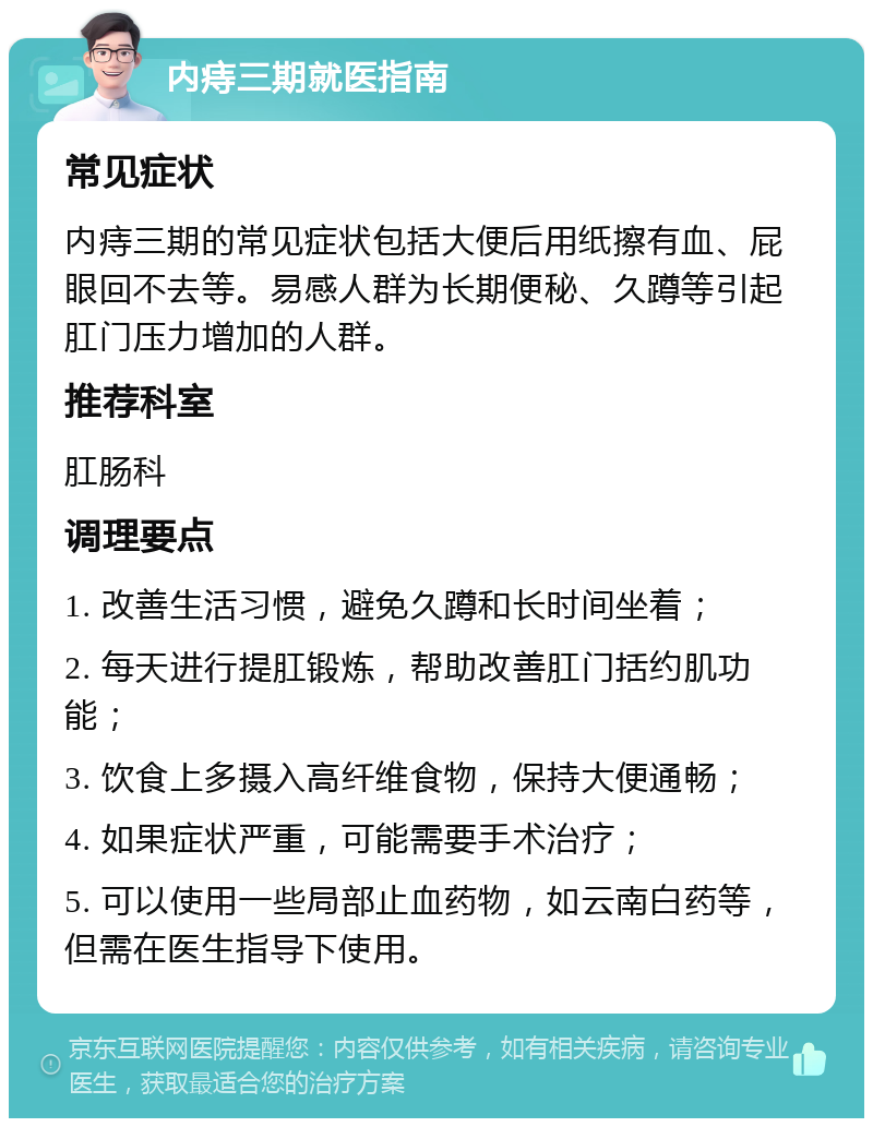 内痔三期就医指南 常见症状 内痔三期的常见症状包括大便后用纸擦有血、屁眼回不去等。易感人群为长期便秘、久蹲等引起肛门压力增加的人群。 推荐科室 肛肠科 调理要点 1. 改善生活习惯，避免久蹲和长时间坐着； 2. 每天进行提肛锻炼，帮助改善肛门括约肌功能； 3. 饮食上多摄入高纤维食物，保持大便通畅； 4. 如果症状严重，可能需要手术治疗； 5. 可以使用一些局部止血药物，如云南白药等，但需在医生指导下使用。