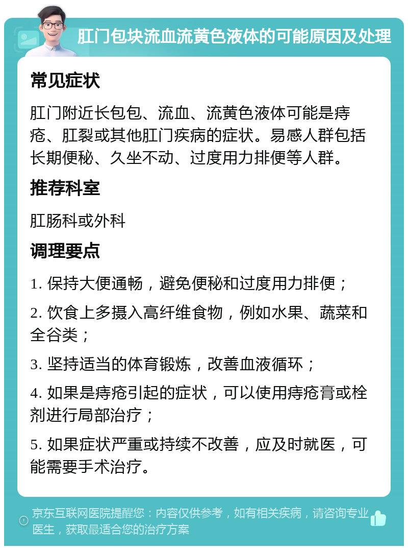 肛门包块流血流黄色液体的可能原因及处理 常见症状 肛门附近长包包、流血、流黄色液体可能是痔疮、肛裂或其他肛门疾病的症状。易感人群包括长期便秘、久坐不动、过度用力排便等人群。 推荐科室 肛肠科或外科 调理要点 1. 保持大便通畅，避免便秘和过度用力排便； 2. 饮食上多摄入高纤维食物，例如水果、蔬菜和全谷类； 3. 坚持适当的体育锻炼，改善血液循环； 4. 如果是痔疮引起的症状，可以使用痔疮膏或栓剂进行局部治疗； 5. 如果症状严重或持续不改善，应及时就医，可能需要手术治疗。