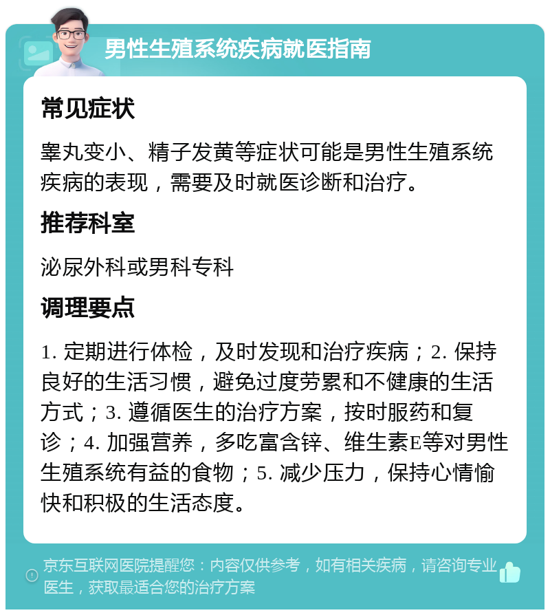 男性生殖系统疾病就医指南 常见症状 睾丸变小、精子发黄等症状可能是男性生殖系统疾病的表现，需要及时就医诊断和治疗。 推荐科室 泌尿外科或男科专科 调理要点 1. 定期进行体检，及时发现和治疗疾病；2. 保持良好的生活习惯，避免过度劳累和不健康的生活方式；3. 遵循医生的治疗方案，按时服药和复诊；4. 加强营养，多吃富含锌、维生素E等对男性生殖系统有益的食物；5. 减少压力，保持心情愉快和积极的生活态度。