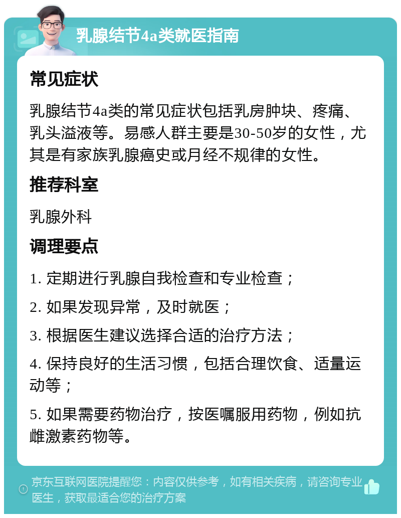 乳腺结节4a类就医指南 常见症状 乳腺结节4a类的常见症状包括乳房肿块、疼痛、乳头溢液等。易感人群主要是30-50岁的女性，尤其是有家族乳腺癌史或月经不规律的女性。 推荐科室 乳腺外科 调理要点 1. 定期进行乳腺自我检查和专业检查； 2. 如果发现异常，及时就医； 3. 根据医生建议选择合适的治疗方法； 4. 保持良好的生活习惯，包括合理饮食、适量运动等； 5. 如果需要药物治疗，按医嘱服用药物，例如抗雌激素药物等。