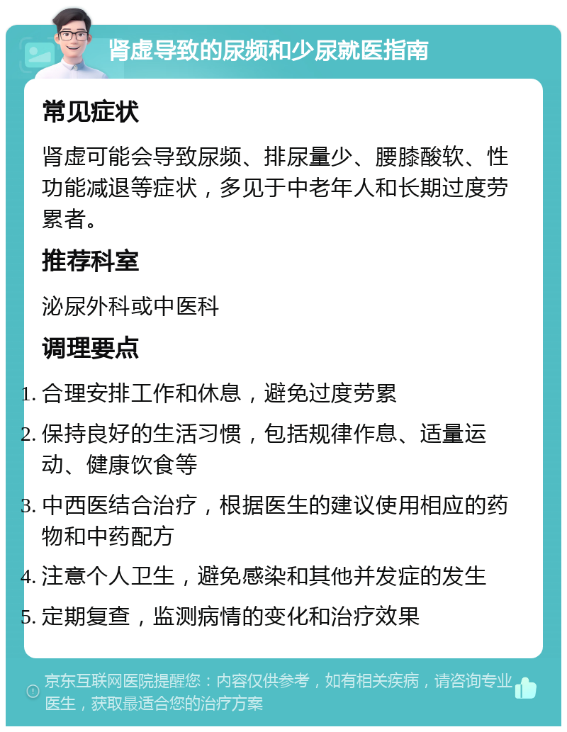 肾虚导致的尿频和少尿就医指南 常见症状 肾虚可能会导致尿频、排尿量少、腰膝酸软、性功能减退等症状，多见于中老年人和长期过度劳累者。 推荐科室 泌尿外科或中医科 调理要点 合理安排工作和休息，避免过度劳累 保持良好的生活习惯，包括规律作息、适量运动、健康饮食等 中西医结合治疗，根据医生的建议使用相应的药物和中药配方 注意个人卫生，避免感染和其他并发症的发生 定期复查，监测病情的变化和治疗效果