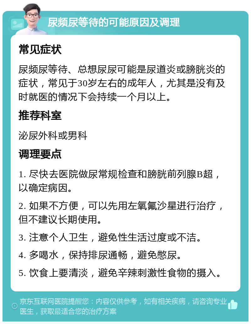 尿频尿等待的可能原因及调理 常见症状 尿频尿等待、总想尿尿可能是尿道炎或膀胱炎的症状，常见于30岁左右的成年人，尤其是没有及时就医的情况下会持续一个月以上。 推荐科室 泌尿外科或男科 调理要点 1. 尽快去医院做尿常规检查和膀胱前列腺B超，以确定病因。 2. 如果不方便，可以先用左氧氟沙星进行治疗，但不建议长期使用。 3. 注意个人卫生，避免性生活过度或不洁。 4. 多喝水，保持排尿通畅，避免憋尿。 5. 饮食上要清淡，避免辛辣刺激性食物的摄入。