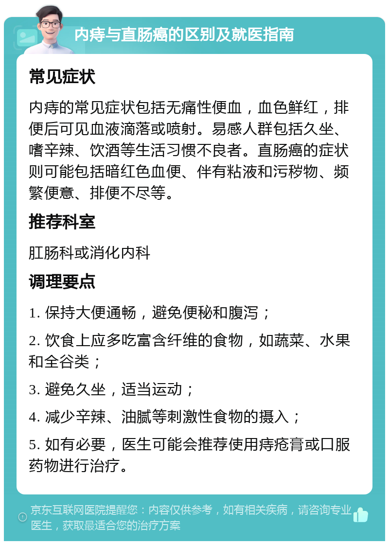 内痔与直肠癌的区别及就医指南 常见症状 内痔的常见症状包括无痛性便血，血色鲜红，排便后可见血液滴落或喷射。易感人群包括久坐、嗜辛辣、饮酒等生活习惯不良者。直肠癌的症状则可能包括暗红色血便、伴有粘液和污秽物、频繁便意、排便不尽等。 推荐科室 肛肠科或消化内科 调理要点 1. 保持大便通畅，避免便秘和腹泻； 2. 饮食上应多吃富含纤维的食物，如蔬菜、水果和全谷类； 3. 避免久坐，适当运动； 4. 减少辛辣、油腻等刺激性食物的摄入； 5. 如有必要，医生可能会推荐使用痔疮膏或口服药物进行治疗。