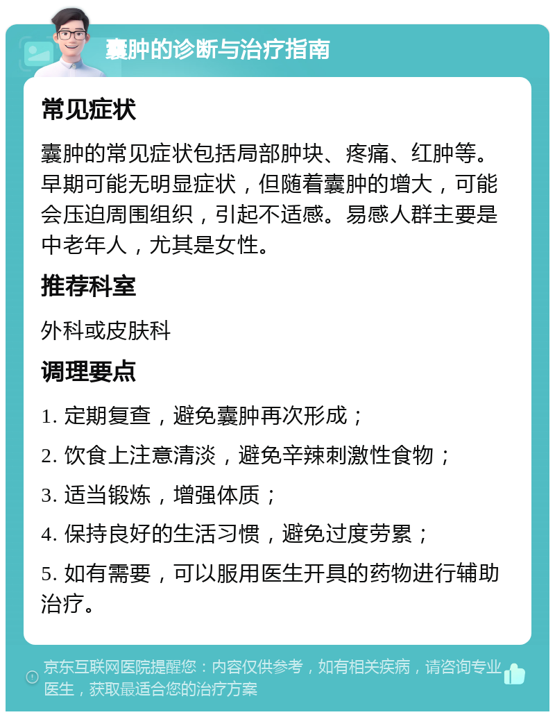 囊肿的诊断与治疗指南 常见症状 囊肿的常见症状包括局部肿块、疼痛、红肿等。早期可能无明显症状，但随着囊肿的增大，可能会压迫周围组织，引起不适感。易感人群主要是中老年人，尤其是女性。 推荐科室 外科或皮肤科 调理要点 1. 定期复查，避免囊肿再次形成； 2. 饮食上注意清淡，避免辛辣刺激性食物； 3. 适当锻炼，增强体质； 4. 保持良好的生活习惯，避免过度劳累； 5. 如有需要，可以服用医生开具的药物进行辅助治疗。