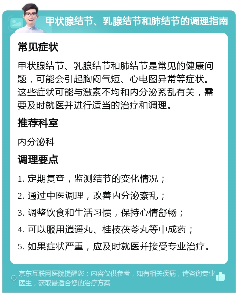 甲状腺结节、乳腺结节和肺结节的调理指南 常见症状 甲状腺结节、乳腺结节和肺结节是常见的健康问题，可能会引起胸闷气短、心电图异常等症状。这些症状可能与激素不均和内分泌紊乱有关，需要及时就医并进行适当的治疗和调理。 推荐科室 内分泌科 调理要点 1. 定期复查，监测结节的变化情况； 2. 通过中医调理，改善内分泌紊乱； 3. 调整饮食和生活习惯，保持心情舒畅； 4. 可以服用逍遥丸、桂枝茯苓丸等中成药； 5. 如果症状严重，应及时就医并接受专业治疗。