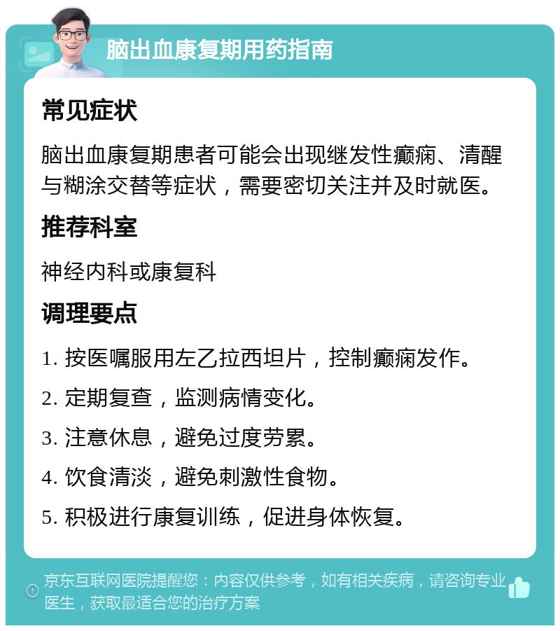 脑出血康复期用药指南 常见症状 脑出血康复期患者可能会出现继发性癫痫、清醒与糊涂交替等症状，需要密切关注并及时就医。 推荐科室 神经内科或康复科 调理要点 1. 按医嘱服用左乙拉西坦片，控制癫痫发作。 2. 定期复查，监测病情变化。 3. 注意休息，避免过度劳累。 4. 饮食清淡，避免刺激性食物。 5. 积极进行康复训练，促进身体恢复。