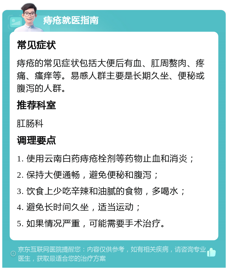 痔疮就医指南 常见症状 痔疮的常见症状包括大便后有血、肛周赘肉、疼痛、瘙痒等。易感人群主要是长期久坐、便秘或腹泻的人群。 推荐科室 肛肠科 调理要点 1. 使用云南白药痔疮栓剂等药物止血和消炎； 2. 保持大便通畅，避免便秘和腹泻； 3. 饮食上少吃辛辣和油腻的食物，多喝水； 4. 避免长时间久坐，适当运动； 5. 如果情况严重，可能需要手术治疗。