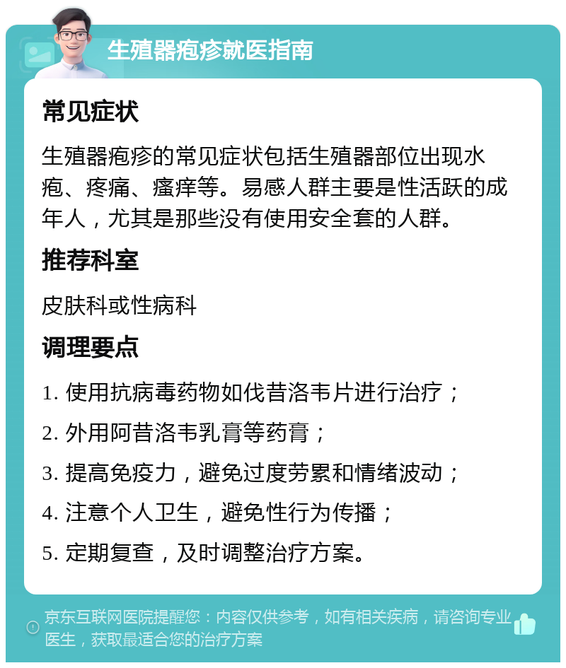 生殖器疱疹就医指南 常见症状 生殖器疱疹的常见症状包括生殖器部位出现水疱、疼痛、瘙痒等。易感人群主要是性活跃的成年人，尤其是那些没有使用安全套的人群。 推荐科室 皮肤科或性病科 调理要点 1. 使用抗病毒药物如伐昔洛韦片进行治疗； 2. 外用阿昔洛韦乳膏等药膏； 3. 提高免疫力，避免过度劳累和情绪波动； 4. 注意个人卫生，避免性行为传播； 5. 定期复查，及时调整治疗方案。