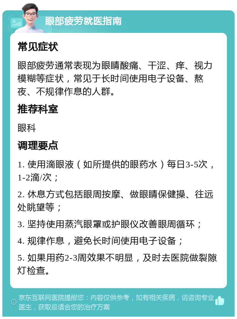 眼部疲劳就医指南 常见症状 眼部疲劳通常表现为眼睛酸痛、干涩、痒、视力模糊等症状，常见于长时间使用电子设备、熬夜、不规律作息的人群。 推荐科室 眼科 调理要点 1. 使用滴眼液（如所提供的眼药水）每日3-5次，1-2滴/次； 2. 休息方式包括眼周按摩、做眼睛保健操、往远处眺望等； 3. 坚持使用蒸汽眼罩或护眼仪改善眼周循环； 4. 规律作息，避免长时间使用电子设备； 5. 如果用药2-3周效果不明显，及时去医院做裂隙灯检查。