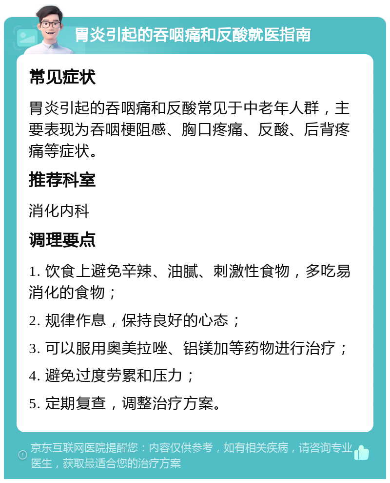 胃炎引起的吞咽痛和反酸就医指南 常见症状 胃炎引起的吞咽痛和反酸常见于中老年人群，主要表现为吞咽梗阻感、胸口疼痛、反酸、后背疼痛等症状。 推荐科室 消化内科 调理要点 1. 饮食上避免辛辣、油腻、刺激性食物，多吃易消化的食物； 2. 规律作息，保持良好的心态； 3. 可以服用奥美拉唑、铝镁加等药物进行治疗； 4. 避免过度劳累和压力； 5. 定期复查，调整治疗方案。