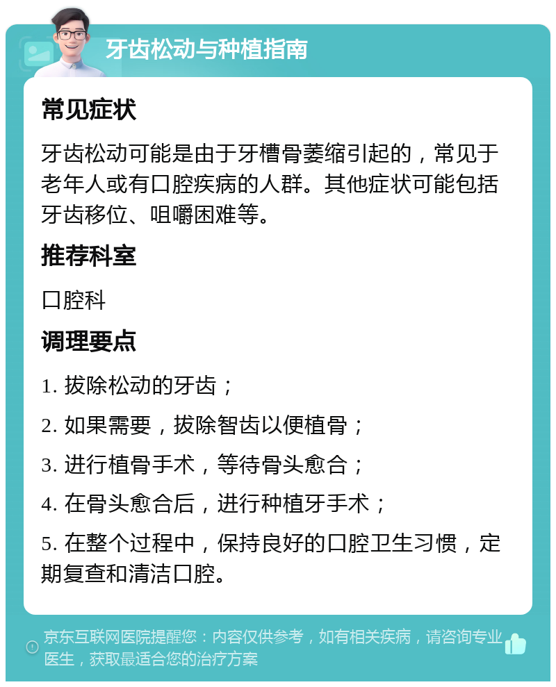 牙齿松动与种植指南 常见症状 牙齿松动可能是由于牙槽骨萎缩引起的，常见于老年人或有口腔疾病的人群。其他症状可能包括牙齿移位、咀嚼困难等。 推荐科室 口腔科 调理要点 1. 拔除松动的牙齿； 2. 如果需要，拔除智齿以便植骨； 3. 进行植骨手术，等待骨头愈合； 4. 在骨头愈合后，进行种植牙手术； 5. 在整个过程中，保持良好的口腔卫生习惯，定期复查和清洁口腔。