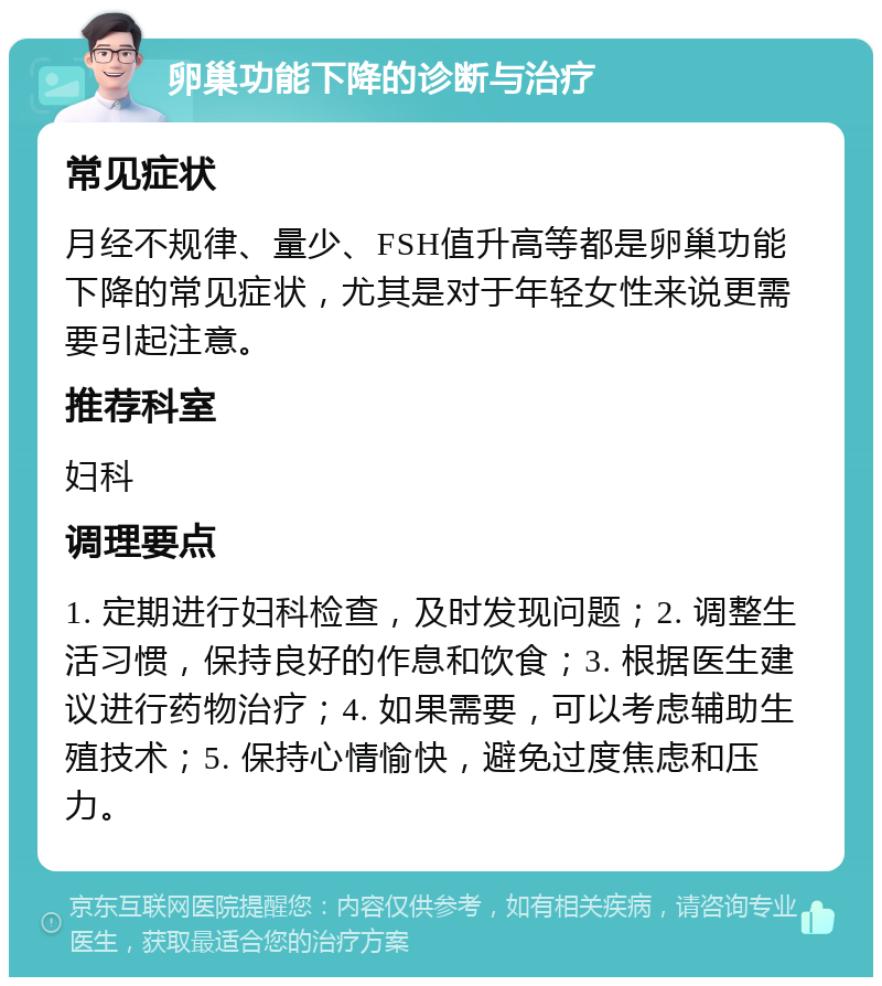 卵巢功能下降的诊断与治疗 常见症状 月经不规律、量少、FSH值升高等都是卵巢功能下降的常见症状，尤其是对于年轻女性来说更需要引起注意。 推荐科室 妇科 调理要点 1. 定期进行妇科检查，及时发现问题；2. 调整生活习惯，保持良好的作息和饮食；3. 根据医生建议进行药物治疗；4. 如果需要，可以考虑辅助生殖技术；5. 保持心情愉快，避免过度焦虑和压力。