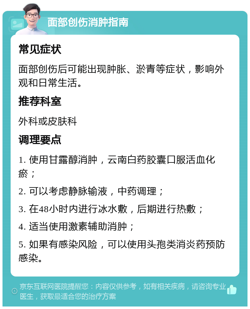 面部创伤消肿指南 常见症状 面部创伤后可能出现肿胀、淤青等症状，影响外观和日常生活。 推荐科室 外科或皮肤科 调理要点 1. 使用甘露醇消肿，云南白药胶囊口服活血化瘀； 2. 可以考虑静脉输液，中药调理； 3. 在48小时内进行冰水敷，后期进行热敷； 4. 适当使用激素辅助消肿； 5. 如果有感染风险，可以使用头孢类消炎药预防感染。