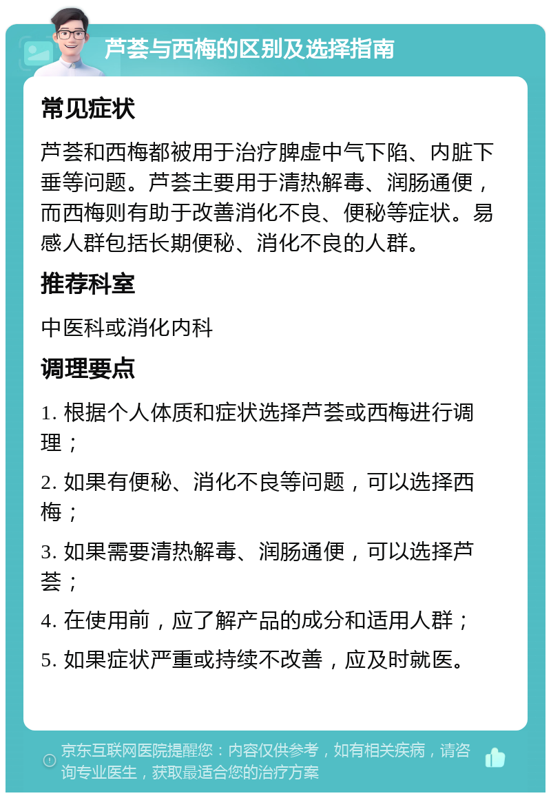 芦荟与西梅的区别及选择指南 常见症状 芦荟和西梅都被用于治疗脾虚中气下陷、内脏下垂等问题。芦荟主要用于清热解毒、润肠通便，而西梅则有助于改善消化不良、便秘等症状。易感人群包括长期便秘、消化不良的人群。 推荐科室 中医科或消化内科 调理要点 1. 根据个人体质和症状选择芦荟或西梅进行调理； 2. 如果有便秘、消化不良等问题，可以选择西梅； 3. 如果需要清热解毒、润肠通便，可以选择芦荟； 4. 在使用前，应了解产品的成分和适用人群； 5. 如果症状严重或持续不改善，应及时就医。