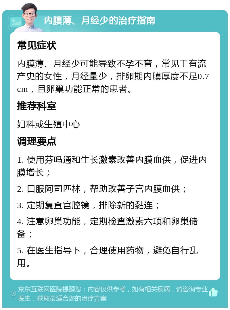 内膜薄、月经少的治疗指南 常见症状 内膜薄、月经少可能导致不孕不育，常见于有流产史的女性，月经量少，排卵期内膜厚度不足0.7cm，且卵巢功能正常的患者。 推荐科室 妇科或生殖中心 调理要点 1. 使用芬吗通和生长激素改善内膜血供，促进内膜增长； 2. 口服阿司匹林，帮助改善子宫内膜血供； 3. 定期复查宫腔镜，排除新的黏连； 4. 注意卵巢功能，定期检查激素六项和卵巢储备； 5. 在医生指导下，合理使用药物，避免自行乱用。