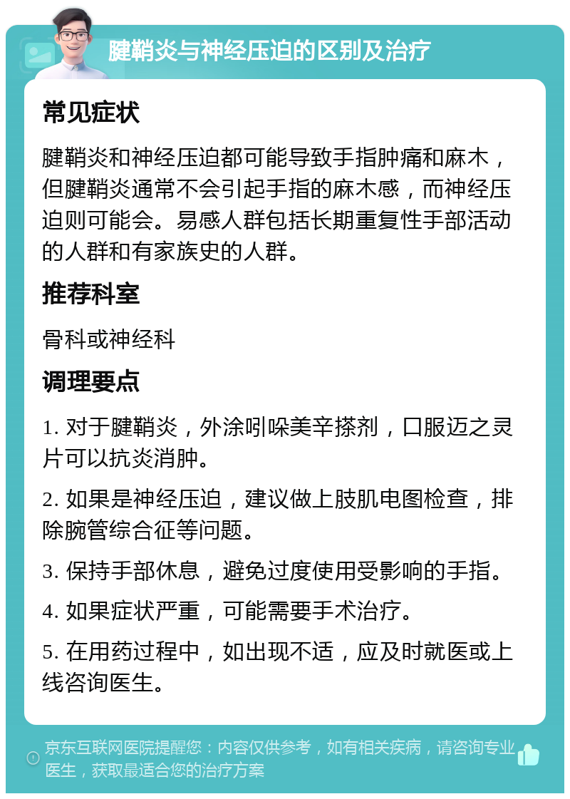 腱鞘炎与神经压迫的区别及治疗 常见症状 腱鞘炎和神经压迫都可能导致手指肿痛和麻木，但腱鞘炎通常不会引起手指的麻木感，而神经压迫则可能会。易感人群包括长期重复性手部活动的人群和有家族史的人群。 推荐科室 骨科或神经科 调理要点 1. 对于腱鞘炎，外涂吲哚美辛搽剂，口服迈之灵片可以抗炎消肿。 2. 如果是神经压迫，建议做上肢肌电图检查，排除腕管综合征等问题。 3. 保持手部休息，避免过度使用受影响的手指。 4. 如果症状严重，可能需要手术治疗。 5. 在用药过程中，如出现不适，应及时就医或上线咨询医生。