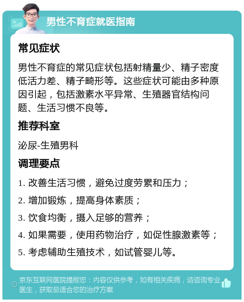 男性不育症就医指南 常见症状 男性不育症的常见症状包括射精量少、精子密度低活力差、精子畸形等。这些症状可能由多种原因引起，包括激素水平异常、生殖器官结构问题、生活习惯不良等。 推荐科室 泌尿-生殖男科 调理要点 1. 改善生活习惯，避免过度劳累和压力； 2. 增加锻炼，提高身体素质； 3. 饮食均衡，摄入足够的营养； 4. 如果需要，使用药物治疗，如促性腺激素等； 5. 考虑辅助生殖技术，如试管婴儿等。