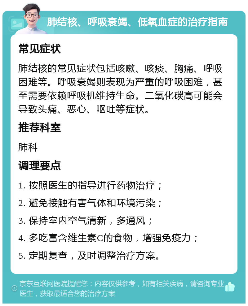 肺结核、呼吸衰竭、低氧血症的治疗指南 常见症状 肺结核的常见症状包括咳嗽、咳痰、胸痛、呼吸困难等。呼吸衰竭则表现为严重的呼吸困难，甚至需要依赖呼吸机维持生命。二氧化碳高可能会导致头痛、恶心、呕吐等症状。 推荐科室 肺科 调理要点 1. 按照医生的指导进行药物治疗； 2. 避免接触有害气体和环境污染； 3. 保持室内空气清新，多通风； 4. 多吃富含维生素C的食物，增强免疫力； 5. 定期复查，及时调整治疗方案。