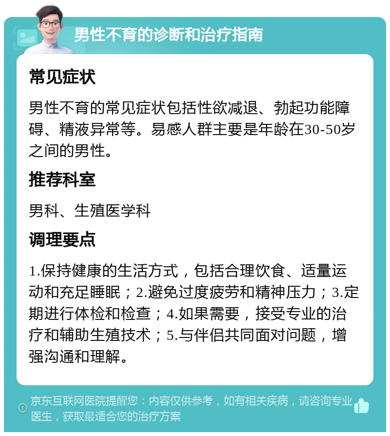 男性不育的诊断和治疗指南 常见症状 男性不育的常见症状包括性欲减退、勃起功能障碍、精液异常等。易感人群主要是年龄在30-50岁之间的男性。 推荐科室 男科、生殖医学科 调理要点 1.保持健康的生活方式，包括合理饮食、适量运动和充足睡眠；2.避免过度疲劳和精神压力；3.定期进行体检和检查；4.如果需要，接受专业的治疗和辅助生殖技术；5.与伴侣共同面对问题，增强沟通和理解。