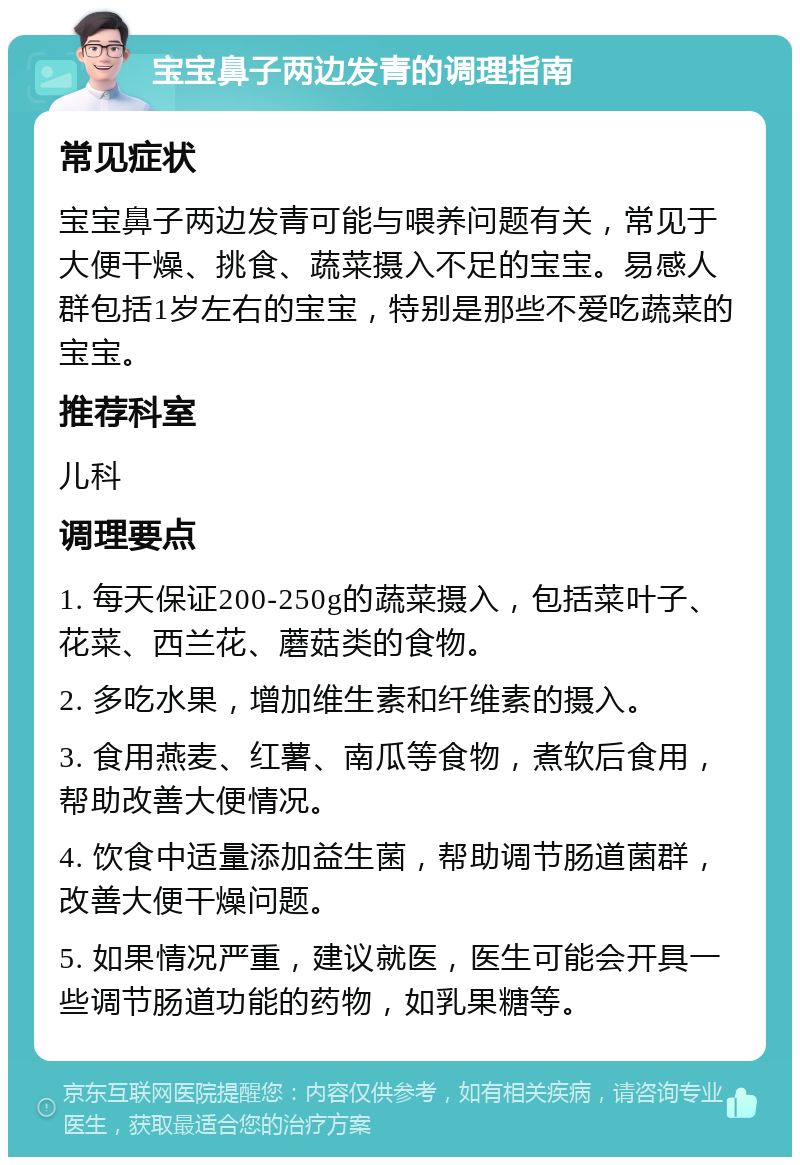 宝宝鼻子两边发青的调理指南 常见症状 宝宝鼻子两边发青可能与喂养问题有关，常见于大便干燥、挑食、蔬菜摄入不足的宝宝。易感人群包括1岁左右的宝宝，特别是那些不爱吃蔬菜的宝宝。 推荐科室 儿科 调理要点 1. 每天保证200-250g的蔬菜摄入，包括菜叶子、花菜、西兰花、蘑菇类的食物。 2. 多吃水果，增加维生素和纤维素的摄入。 3. 食用燕麦、红薯、南瓜等食物，煮软后食用，帮助改善大便情况。 4. 饮食中适量添加益生菌，帮助调节肠道菌群，改善大便干燥问题。 5. 如果情况严重，建议就医，医生可能会开具一些调节肠道功能的药物，如乳果糖等。