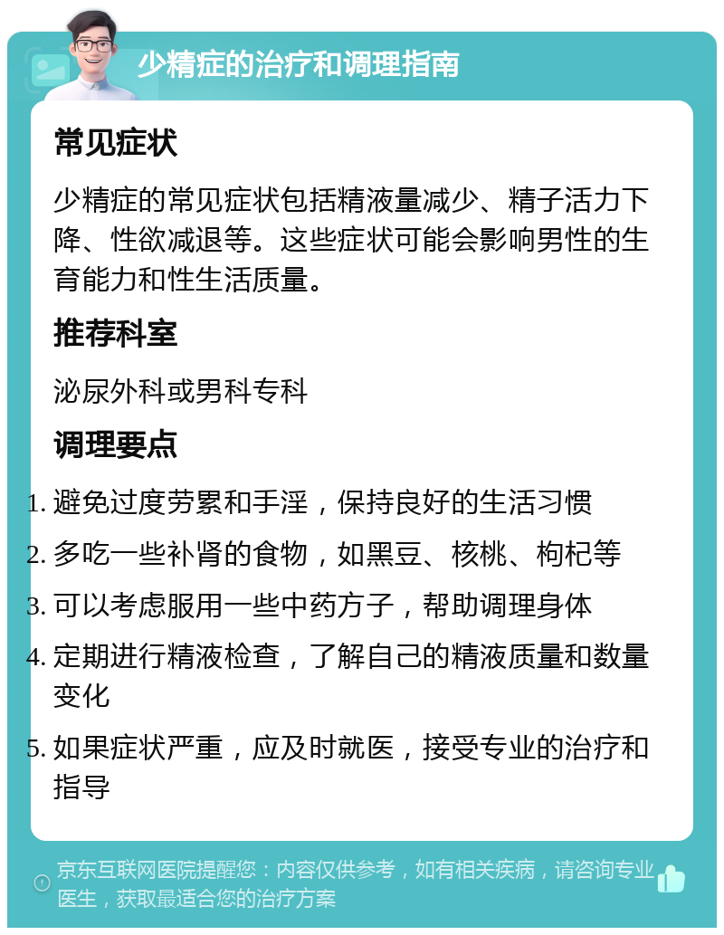 少精症的治疗和调理指南 常见症状 少精症的常见症状包括精液量减少、精子活力下降、性欲减退等。这些症状可能会影响男性的生育能力和性生活质量。 推荐科室 泌尿外科或男科专科 调理要点 避免过度劳累和手淫，保持良好的生活习惯 多吃一些补肾的食物，如黑豆、核桃、枸杞等 可以考虑服用一些中药方子，帮助调理身体 定期进行精液检查，了解自己的精液质量和数量变化 如果症状严重，应及时就医，接受专业的治疗和指导