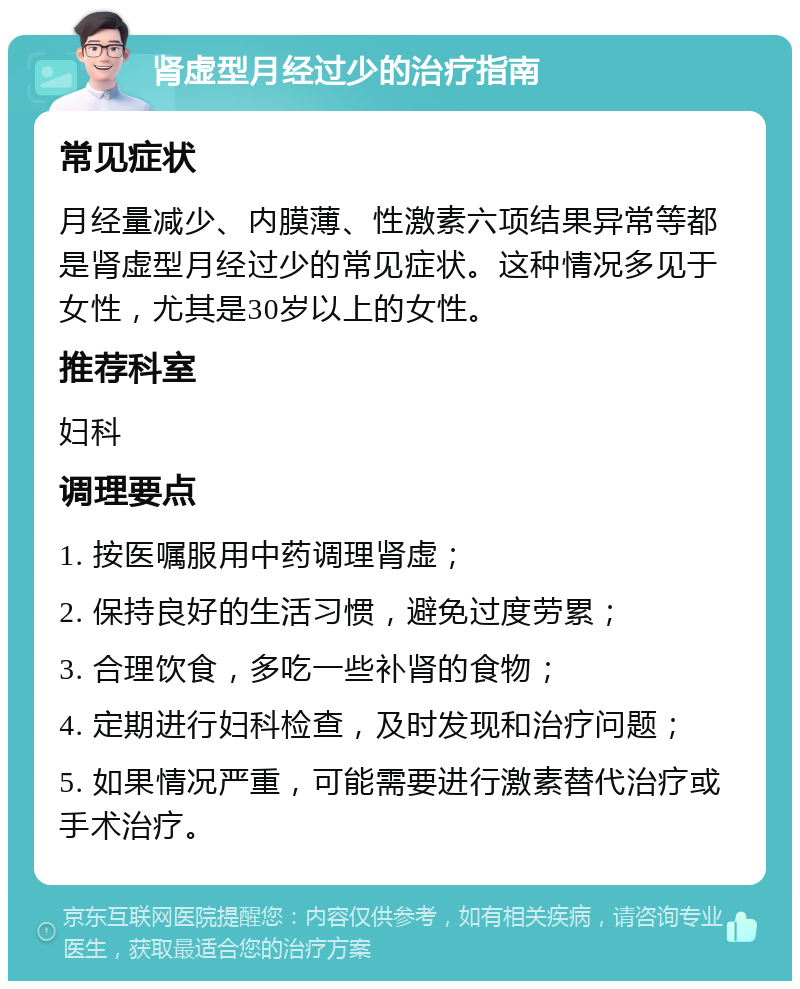 肾虚型月经过少的治疗指南 常见症状 月经量减少、内膜薄、性激素六项结果异常等都是肾虚型月经过少的常见症状。这种情况多见于女性，尤其是30岁以上的女性。 推荐科室 妇科 调理要点 1. 按医嘱服用中药调理肾虚； 2. 保持良好的生活习惯，避免过度劳累； 3. 合理饮食，多吃一些补肾的食物； 4. 定期进行妇科检查，及时发现和治疗问题； 5. 如果情况严重，可能需要进行激素替代治疗或手术治疗。