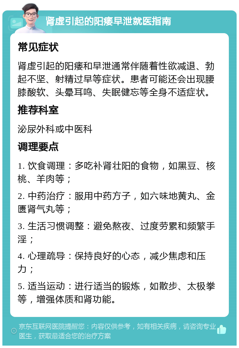 肾虚引起的阳痿早泄就医指南 常见症状 肾虚引起的阳痿和早泄通常伴随着性欲减退、勃起不坚、射精过早等症状。患者可能还会出现腰膝酸软、头晕耳鸣、失眠健忘等全身不适症状。 推荐科室 泌尿外科或中医科 调理要点 1. 饮食调理：多吃补肾壮阳的食物，如黑豆、核桃、羊肉等； 2. 中药治疗：服用中药方子，如六味地黄丸、金匮肾气丸等； 3. 生活习惯调整：避免熬夜、过度劳累和频繁手淫； 4. 心理疏导：保持良好的心态，减少焦虑和压力； 5. 适当运动：进行适当的锻炼，如散步、太极拳等，增强体质和肾功能。