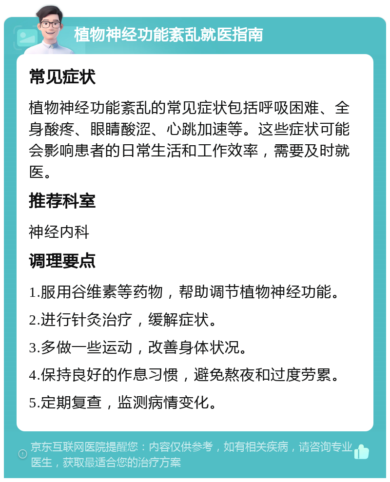 植物神经功能紊乱就医指南 常见症状 植物神经功能紊乱的常见症状包括呼吸困难、全身酸疼、眼睛酸涩、心跳加速等。这些症状可能会影响患者的日常生活和工作效率，需要及时就医。 推荐科室 神经内科 调理要点 1.服用谷维素等药物，帮助调节植物神经功能。 2.进行针灸治疗，缓解症状。 3.多做一些运动，改善身体状况。 4.保持良好的作息习惯，避免熬夜和过度劳累。 5.定期复查，监测病情变化。