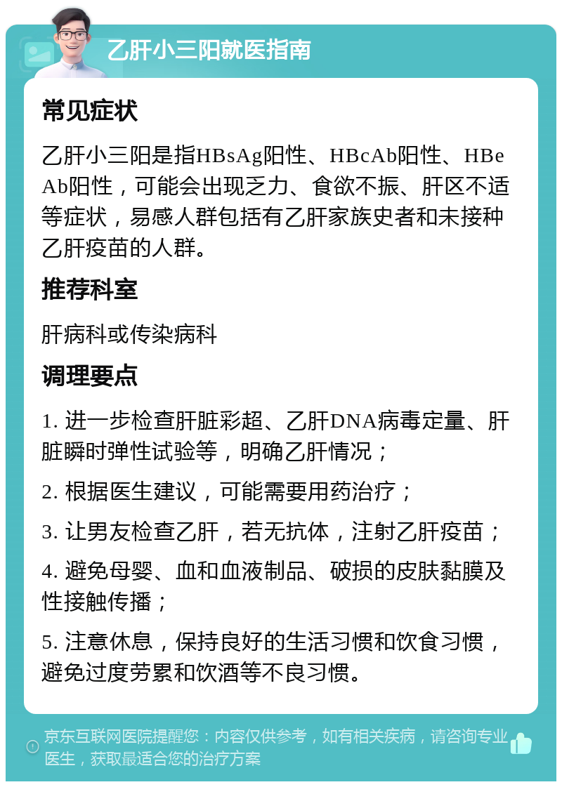 乙肝小三阳就医指南 常见症状 乙肝小三阳是指HBsAg阳性、HBcAb阳性、HBeAb阳性，可能会出现乏力、食欲不振、肝区不适等症状，易感人群包括有乙肝家族史者和未接种乙肝疫苗的人群。 推荐科室 肝病科或传染病科 调理要点 1. 进一步检查肝脏彩超、乙肝DNA病毒定量、肝脏瞬时弹性试验等，明确乙肝情况； 2. 根据医生建议，可能需要用药治疗； 3. 让男友检查乙肝，若无抗体，注射乙肝疫苗； 4. 避免母婴、血和血液制品、破损的皮肤黏膜及性接触传播； 5. 注意休息，保持良好的生活习惯和饮食习惯，避免过度劳累和饮酒等不良习惯。