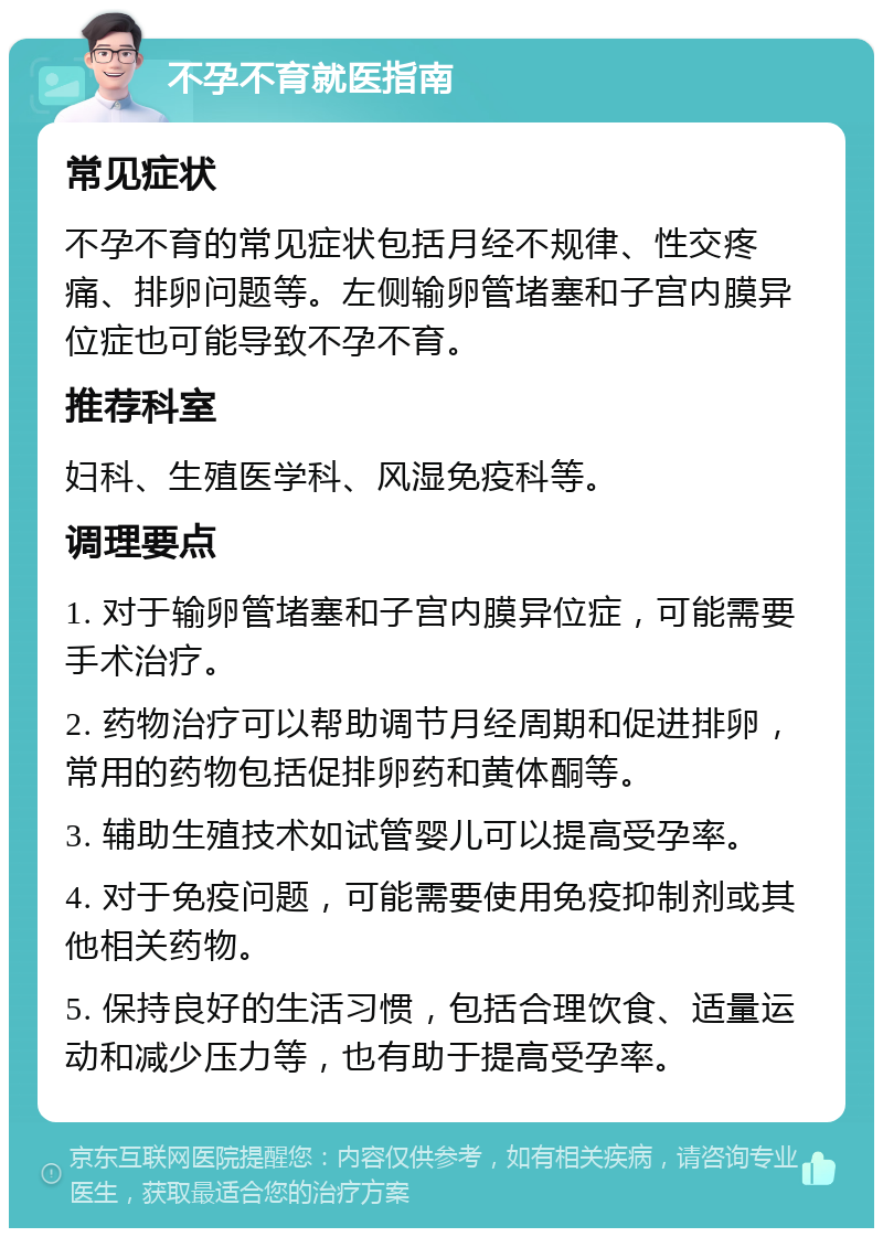 不孕不育就医指南 常见症状 不孕不育的常见症状包括月经不规律、性交疼痛、排卵问题等。左侧输卵管堵塞和子宫内膜异位症也可能导致不孕不育。 推荐科室 妇科、生殖医学科、风湿免疫科等。 调理要点 1. 对于输卵管堵塞和子宫内膜异位症，可能需要手术治疗。 2. 药物治疗可以帮助调节月经周期和促进排卵，常用的药物包括促排卵药和黄体酮等。 3. 辅助生殖技术如试管婴儿可以提高受孕率。 4. 对于免疫问题，可能需要使用免疫抑制剂或其他相关药物。 5. 保持良好的生活习惯，包括合理饮食、适量运动和减少压力等，也有助于提高受孕率。