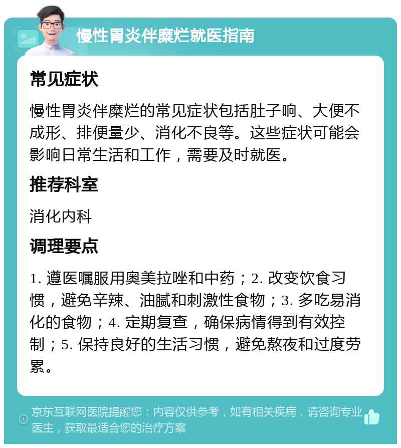 慢性胃炎伴糜烂就医指南 常见症状 慢性胃炎伴糜烂的常见症状包括肚子响、大便不成形、排便量少、消化不良等。这些症状可能会影响日常生活和工作，需要及时就医。 推荐科室 消化内科 调理要点 1. 遵医嘱服用奥美拉唑和中药；2. 改变饮食习惯，避免辛辣、油腻和刺激性食物；3. 多吃易消化的食物；4. 定期复查，确保病情得到有效控制；5. 保持良好的生活习惯，避免熬夜和过度劳累。