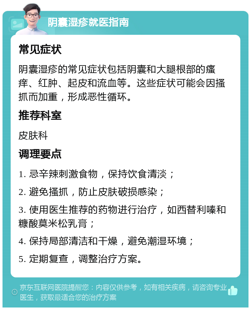 阴囊湿疹就医指南 常见症状 阴囊湿疹的常见症状包括阴囊和大腿根部的瘙痒、红肿、起皮和流血等。这些症状可能会因搔抓而加重，形成恶性循环。 推荐科室 皮肤科 调理要点 1. 忌辛辣刺激食物，保持饮食清淡； 2. 避免搔抓，防止皮肤破损感染； 3. 使用医生推荐的药物进行治疗，如西替利嗪和糠酸莫米松乳膏； 4. 保持局部清洁和干燥，避免潮湿环境； 5. 定期复查，调整治疗方案。