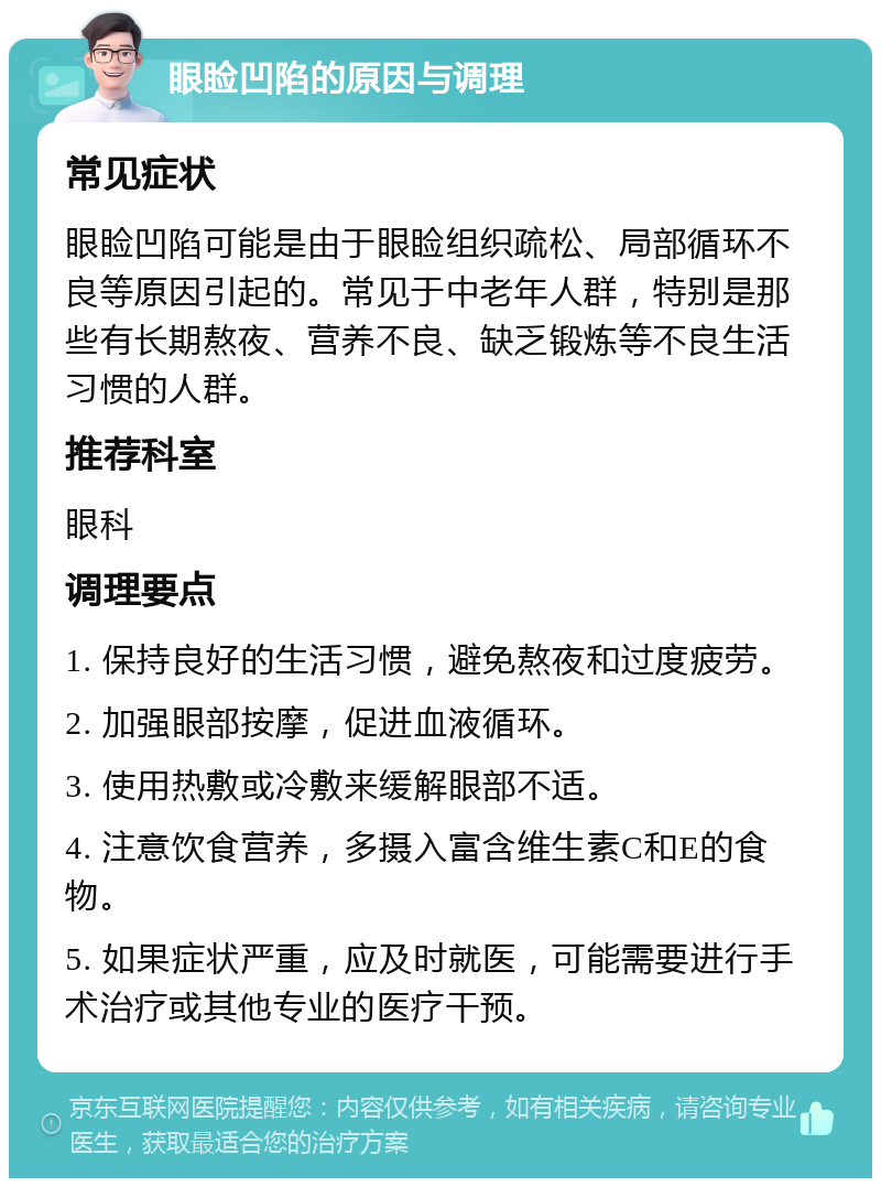 眼睑凹陷的原因与调理 常见症状 眼睑凹陷可能是由于眼睑组织疏松、局部循环不良等原因引起的。常见于中老年人群，特别是那些有长期熬夜、营养不良、缺乏锻炼等不良生活习惯的人群。 推荐科室 眼科 调理要点 1. 保持良好的生活习惯，避免熬夜和过度疲劳。 2. 加强眼部按摩，促进血液循环。 3. 使用热敷或冷敷来缓解眼部不适。 4. 注意饮食营养，多摄入富含维生素C和E的食物。 5. 如果症状严重，应及时就医，可能需要进行手术治疗或其他专业的医疗干预。