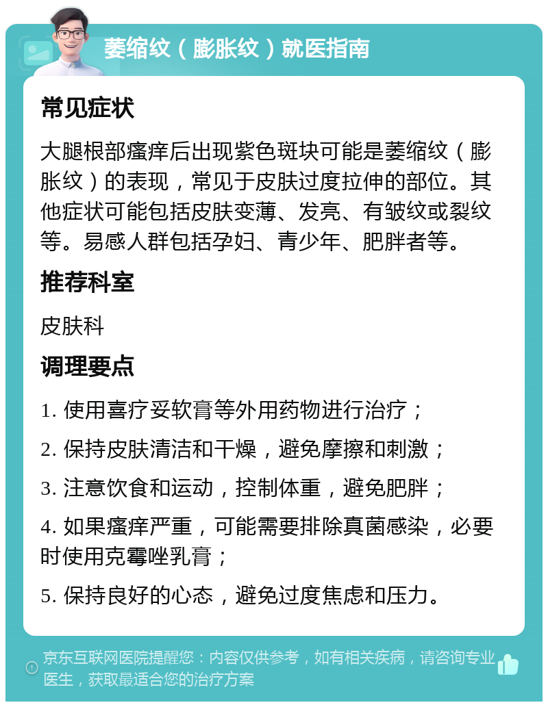 萎缩纹（膨胀纹）就医指南 常见症状 大腿根部瘙痒后出现紫色斑块可能是萎缩纹（膨胀纹）的表现，常见于皮肤过度拉伸的部位。其他症状可能包括皮肤变薄、发亮、有皱纹或裂纹等。易感人群包括孕妇、青少年、肥胖者等。 推荐科室 皮肤科 调理要点 1. 使用喜疗妥软膏等外用药物进行治疗； 2. 保持皮肤清洁和干燥，避免摩擦和刺激； 3. 注意饮食和运动，控制体重，避免肥胖； 4. 如果瘙痒严重，可能需要排除真菌感染，必要时使用克霉唑乳膏； 5. 保持良好的心态，避免过度焦虑和压力。