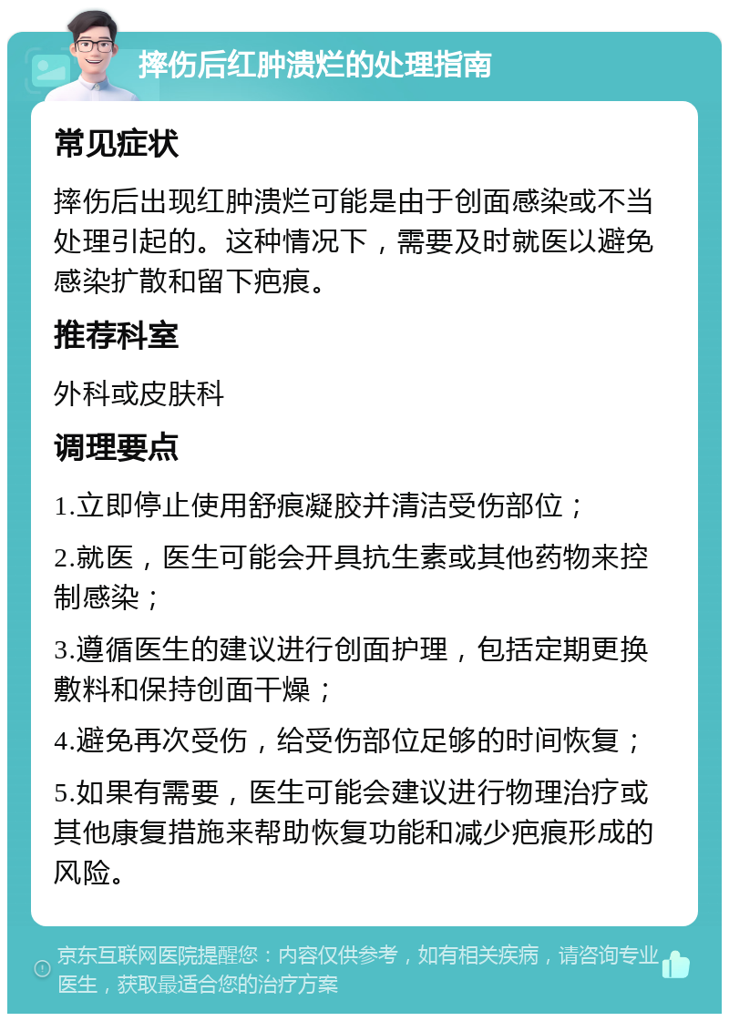 摔伤后红肿溃烂的处理指南 常见症状 摔伤后出现红肿溃烂可能是由于创面感染或不当处理引起的。这种情况下，需要及时就医以避免感染扩散和留下疤痕。 推荐科室 外科或皮肤科 调理要点 1.立即停止使用舒痕凝胶并清洁受伤部位； 2.就医，医生可能会开具抗生素或其他药物来控制感染； 3.遵循医生的建议进行创面护理，包括定期更换敷料和保持创面干燥； 4.避免再次受伤，给受伤部位足够的时间恢复； 5.如果有需要，医生可能会建议进行物理治疗或其他康复措施来帮助恢复功能和减少疤痕形成的风险。