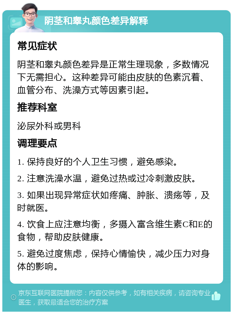 阴茎和睾丸颜色差异解释 常见症状 阴茎和睾丸颜色差异是正常生理现象，多数情况下无需担心。这种差异可能由皮肤的色素沉着、血管分布、洗澡方式等因素引起。 推荐科室 泌尿外科或男科 调理要点 1. 保持良好的个人卫生习惯，避免感染。 2. 注意洗澡水温，避免过热或过冷刺激皮肤。 3. 如果出现异常症状如疼痛、肿胀、溃疡等，及时就医。 4. 饮食上应注意均衡，多摄入富含维生素C和E的食物，帮助皮肤健康。 5. 避免过度焦虑，保持心情愉快，减少压力对身体的影响。