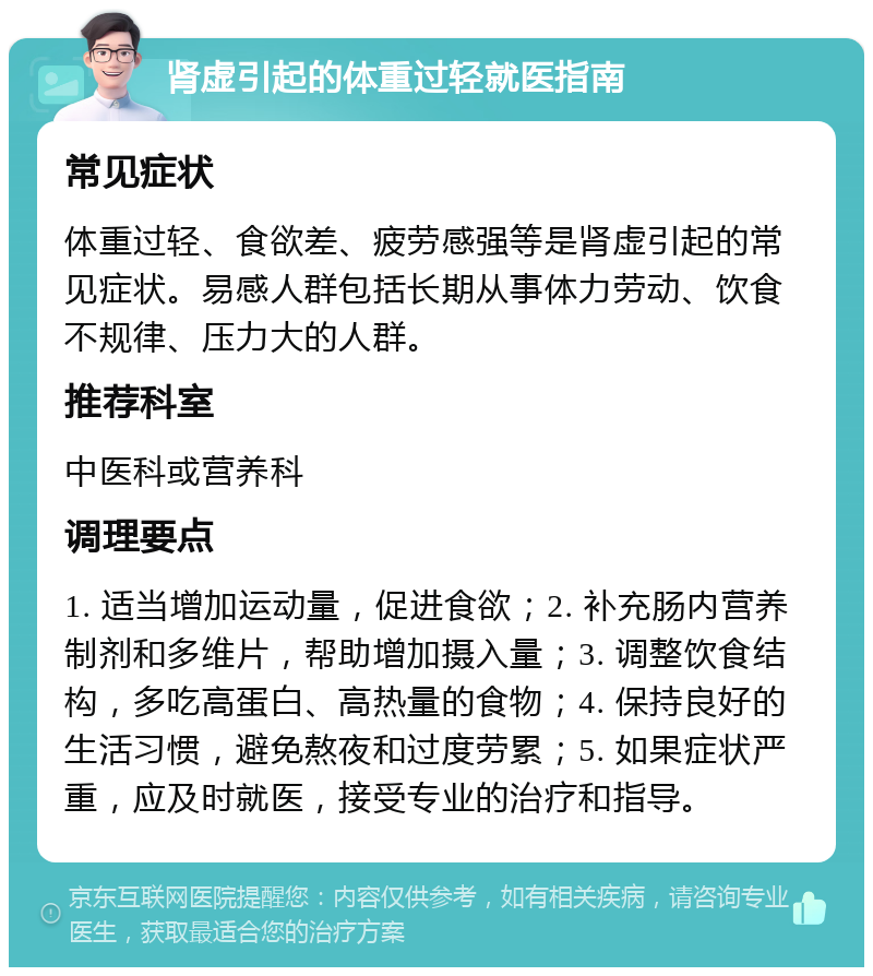 肾虚引起的体重过轻就医指南 常见症状 体重过轻、食欲差、疲劳感强等是肾虚引起的常见症状。易感人群包括长期从事体力劳动、饮食不规律、压力大的人群。 推荐科室 中医科或营养科 调理要点 1. 适当增加运动量，促进食欲；2. 补充肠内营养制剂和多维片，帮助增加摄入量；3. 调整饮食结构，多吃高蛋白、高热量的食物；4. 保持良好的生活习惯，避免熬夜和过度劳累；5. 如果症状严重，应及时就医，接受专业的治疗和指导。