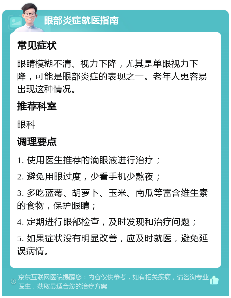 眼部炎症就医指南 常见症状 眼睛模糊不清、视力下降，尤其是单眼视力下降，可能是眼部炎症的表现之一。老年人更容易出现这种情况。 推荐科室 眼科 调理要点 1. 使用医生推荐的滴眼液进行治疗； 2. 避免用眼过度，少看手机少熬夜； 3. 多吃蓝莓、胡萝卜、玉米、南瓜等富含维生素的食物，保护眼睛； 4. 定期进行眼部检查，及时发现和治疗问题； 5. 如果症状没有明显改善，应及时就医，避免延误病情。