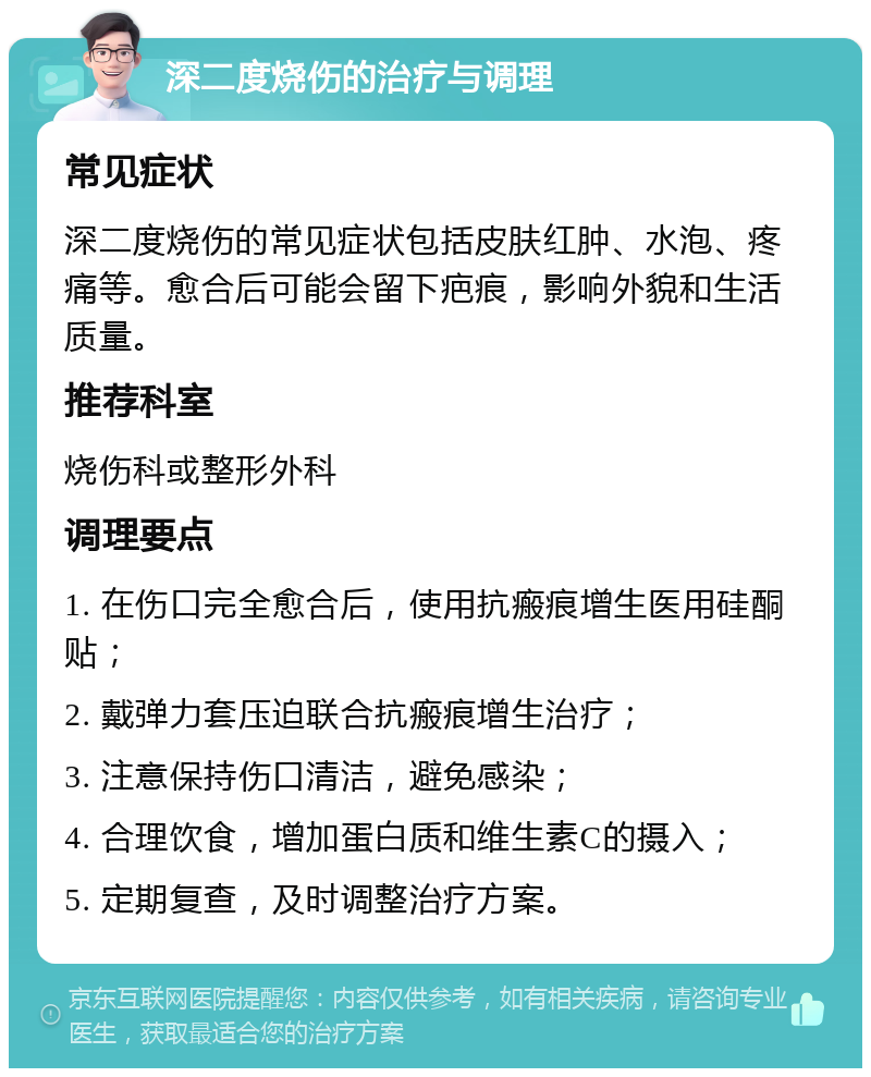 深二度烧伤的治疗与调理 常见症状 深二度烧伤的常见症状包括皮肤红肿、水泡、疼痛等。愈合后可能会留下疤痕，影响外貌和生活质量。 推荐科室 烧伤科或整形外科 调理要点 1. 在伤口完全愈合后，使用抗瘢痕增生医用硅酮贴； 2. 戴弹力套压迫联合抗瘢痕增生治疗； 3. 注意保持伤口清洁，避免感染； 4. 合理饮食，增加蛋白质和维生素C的摄入； 5. 定期复查，及时调整治疗方案。