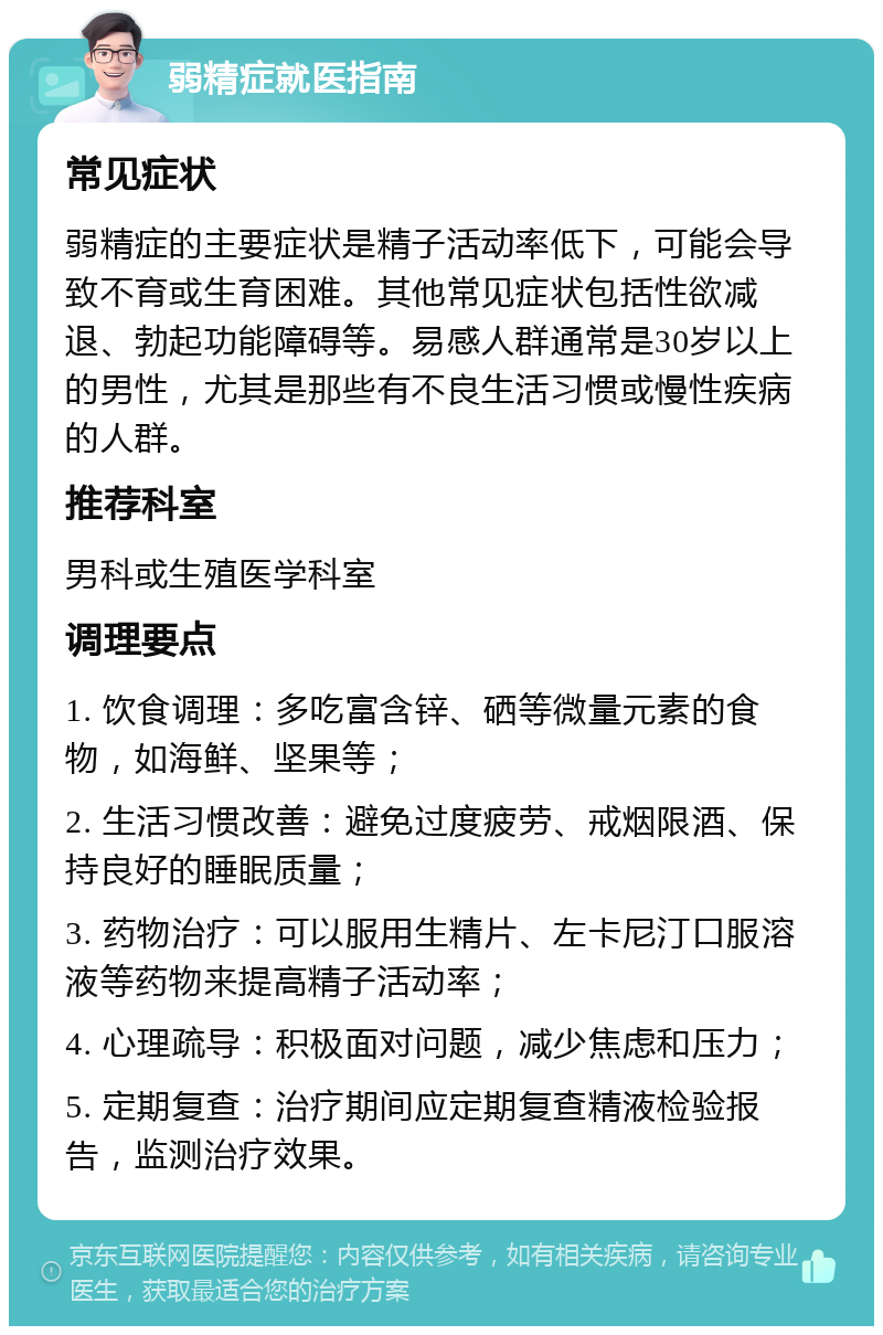 弱精症就医指南 常见症状 弱精症的主要症状是精子活动率低下，可能会导致不育或生育困难。其他常见症状包括性欲减退、勃起功能障碍等。易感人群通常是30岁以上的男性，尤其是那些有不良生活习惯或慢性疾病的人群。 推荐科室 男科或生殖医学科室 调理要点 1. 饮食调理：多吃富含锌、硒等微量元素的食物，如海鲜、坚果等； 2. 生活习惯改善：避免过度疲劳、戒烟限酒、保持良好的睡眠质量； 3. 药物治疗：可以服用生精片、左卡尼汀口服溶液等药物来提高精子活动率； 4. 心理疏导：积极面对问题，减少焦虑和压力； 5. 定期复查：治疗期间应定期复查精液检验报告，监测治疗效果。