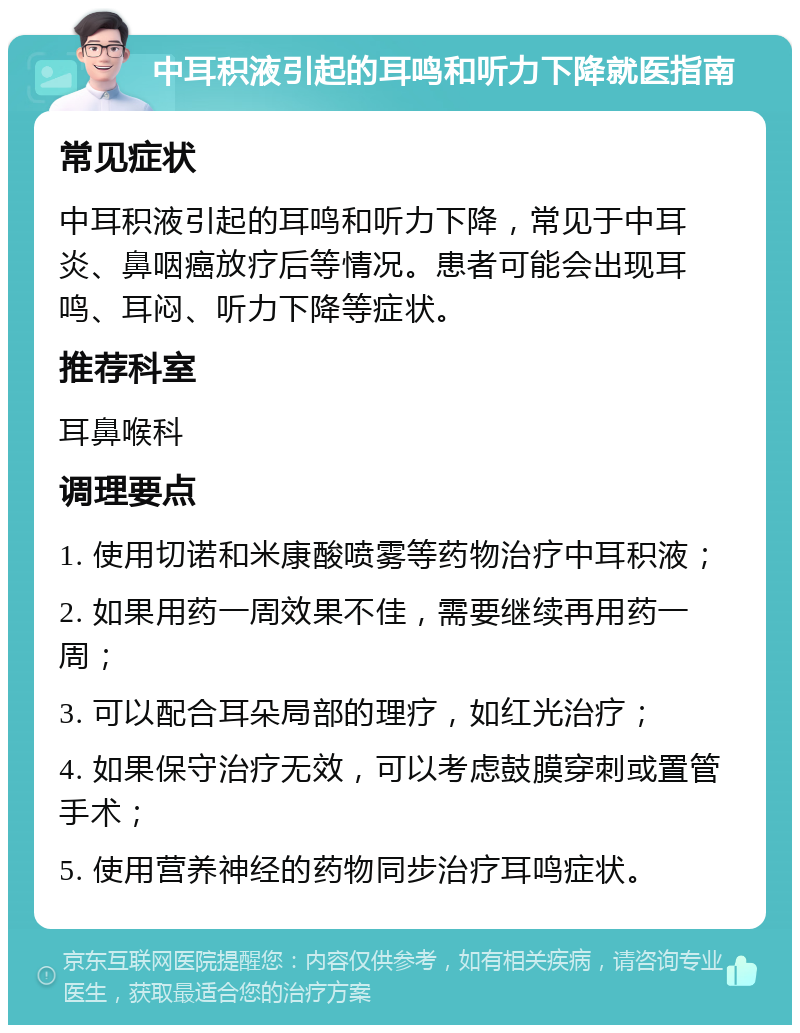 中耳积液引起的耳鸣和听力下降就医指南 常见症状 中耳积液引起的耳鸣和听力下降，常见于中耳炎、鼻咽癌放疗后等情况。患者可能会出现耳鸣、耳闷、听力下降等症状。 推荐科室 耳鼻喉科 调理要点 1. 使用切诺和米康酸喷雾等药物治疗中耳积液； 2. 如果用药一周效果不佳，需要继续再用药一周； 3. 可以配合耳朵局部的理疗，如红光治疗； 4. 如果保守治疗无效，可以考虑鼓膜穿刺或置管手术； 5. 使用营养神经的药物同步治疗耳鸣症状。