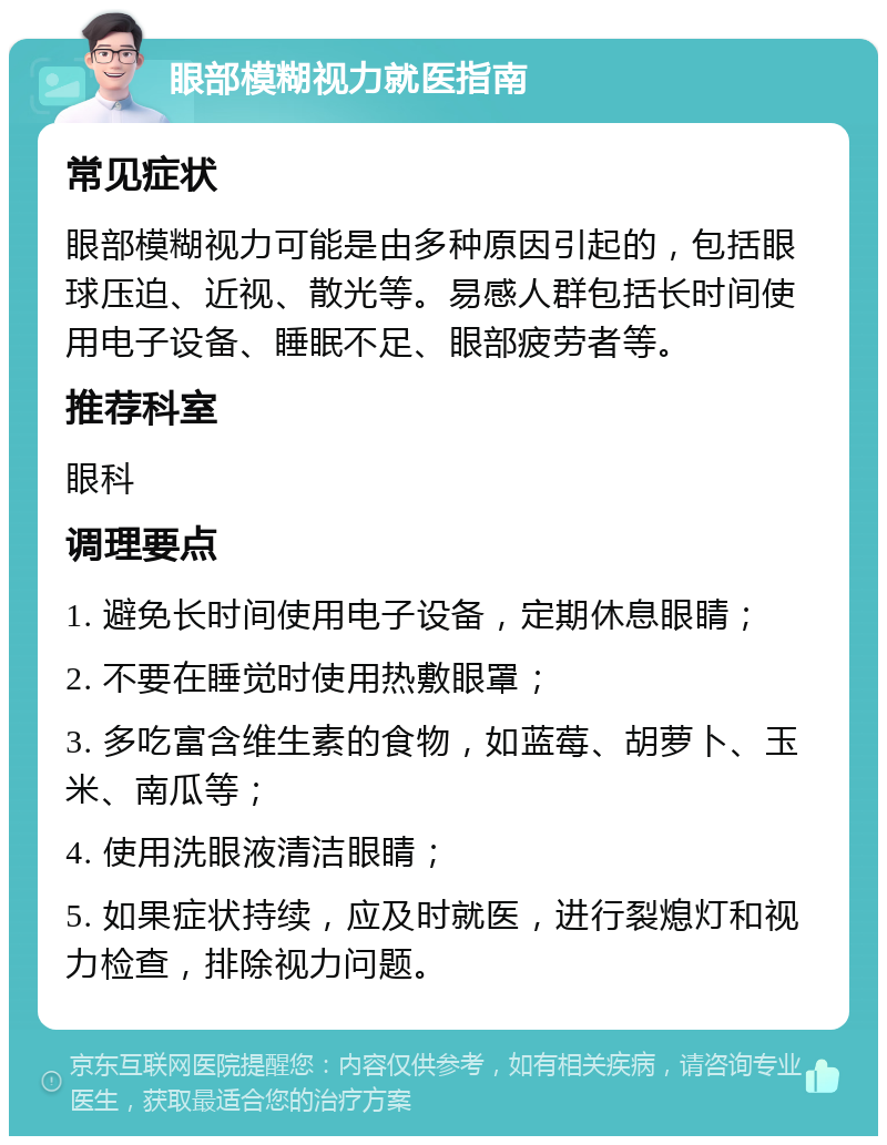 眼部模糊视力就医指南 常见症状 眼部模糊视力可能是由多种原因引起的，包括眼球压迫、近视、散光等。易感人群包括长时间使用电子设备、睡眠不足、眼部疲劳者等。 推荐科室 眼科 调理要点 1. 避免长时间使用电子设备，定期休息眼睛； 2. 不要在睡觉时使用热敷眼罩； 3. 多吃富含维生素的食物，如蓝莓、胡萝卜、玉米、南瓜等； 4. 使用洗眼液清洁眼睛； 5. 如果症状持续，应及时就医，进行裂熄灯和视力检查，排除视力问题。