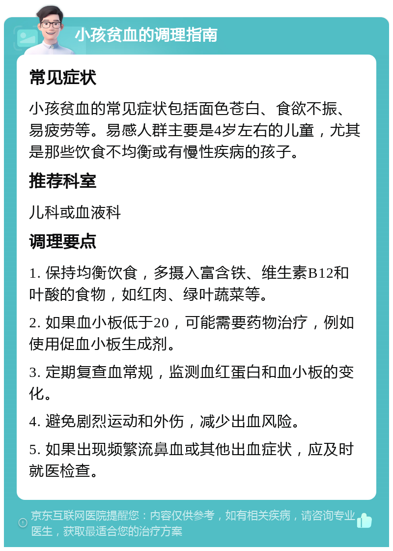 小孩贫血的调理指南 常见症状 小孩贫血的常见症状包括面色苍白、食欲不振、易疲劳等。易感人群主要是4岁左右的儿童，尤其是那些饮食不均衡或有慢性疾病的孩子。 推荐科室 儿科或血液科 调理要点 1. 保持均衡饮食，多摄入富含铁、维生素B12和叶酸的食物，如红肉、绿叶蔬菜等。 2. 如果血小板低于20，可能需要药物治疗，例如使用促血小板生成剂。 3. 定期复查血常规，监测血红蛋白和血小板的变化。 4. 避免剧烈运动和外伤，减少出血风险。 5. 如果出现频繁流鼻血或其他出血症状，应及时就医检查。