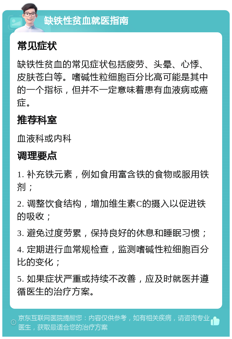 缺铁性贫血就医指南 常见症状 缺铁性贫血的常见症状包括疲劳、头晕、心悸、皮肤苍白等。嗜碱性粒细胞百分比高可能是其中的一个指标，但并不一定意味着患有血液病或癌症。 推荐科室 血液科或内科 调理要点 1. 补充铁元素，例如食用富含铁的食物或服用铁剂； 2. 调整饮食结构，增加维生素C的摄入以促进铁的吸收； 3. 避免过度劳累，保持良好的休息和睡眠习惯； 4. 定期进行血常规检查，监测嗜碱性粒细胞百分比的变化； 5. 如果症状严重或持续不改善，应及时就医并遵循医生的治疗方案。