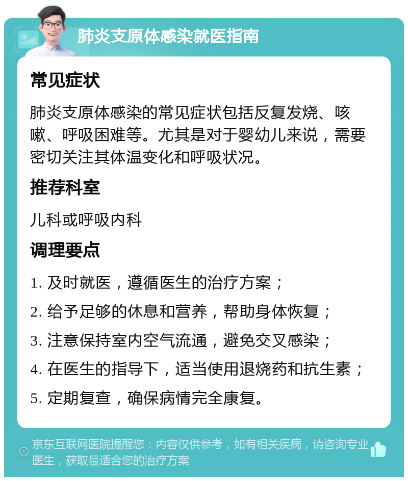 肺炎支原体感染就医指南 常见症状 肺炎支原体感染的常见症状包括反复发烧、咳嗽、呼吸困难等。尤其是对于婴幼儿来说，需要密切关注其体温变化和呼吸状况。 推荐科室 儿科或呼吸内科 调理要点 1. 及时就医，遵循医生的治疗方案； 2. 给予足够的休息和营养，帮助身体恢复； 3. 注意保持室内空气流通，避免交叉感染； 4. 在医生的指导下，适当使用退烧药和抗生素； 5. 定期复查，确保病情完全康复。