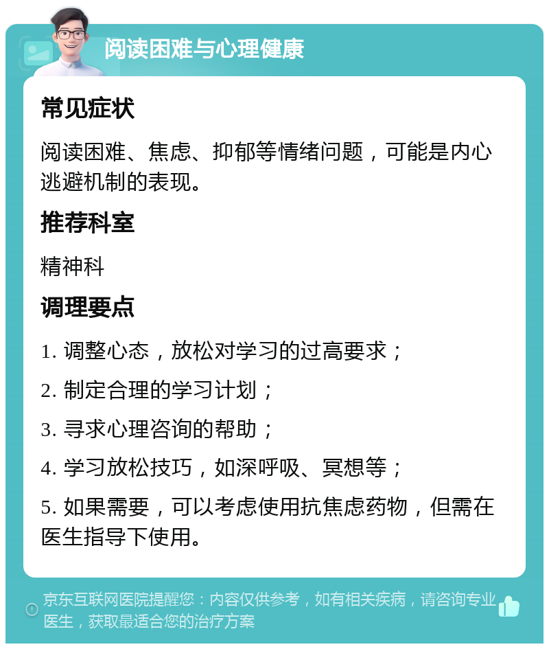 阅读困难与心理健康 常见症状 阅读困难、焦虑、抑郁等情绪问题，可能是内心逃避机制的表现。 推荐科室 精神科 调理要点 1. 调整心态，放松对学习的过高要求； 2. 制定合理的学习计划； 3. 寻求心理咨询的帮助； 4. 学习放松技巧，如深呼吸、冥想等； 5. 如果需要，可以考虑使用抗焦虑药物，但需在医生指导下使用。