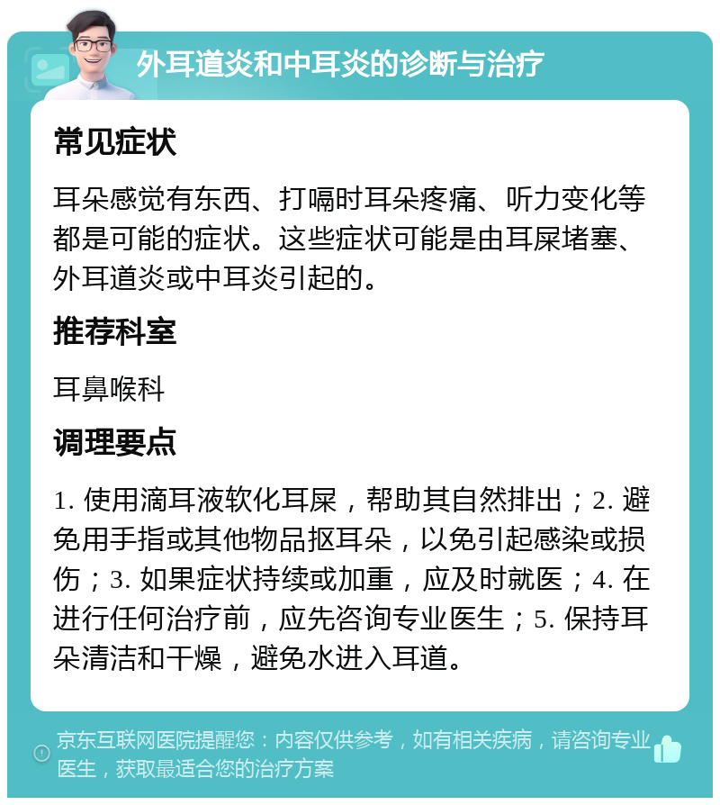 外耳道炎和中耳炎的诊断与治疗 常见症状 耳朵感觉有东西、打嗝时耳朵疼痛、听力变化等都是可能的症状。这些症状可能是由耳屎堵塞、外耳道炎或中耳炎引起的。 推荐科室 耳鼻喉科 调理要点 1. 使用滴耳液软化耳屎，帮助其自然排出；2. 避免用手指或其他物品抠耳朵，以免引起感染或损伤；3. 如果症状持续或加重，应及时就医；4. 在进行任何治疗前，应先咨询专业医生；5. 保持耳朵清洁和干燥，避免水进入耳道。