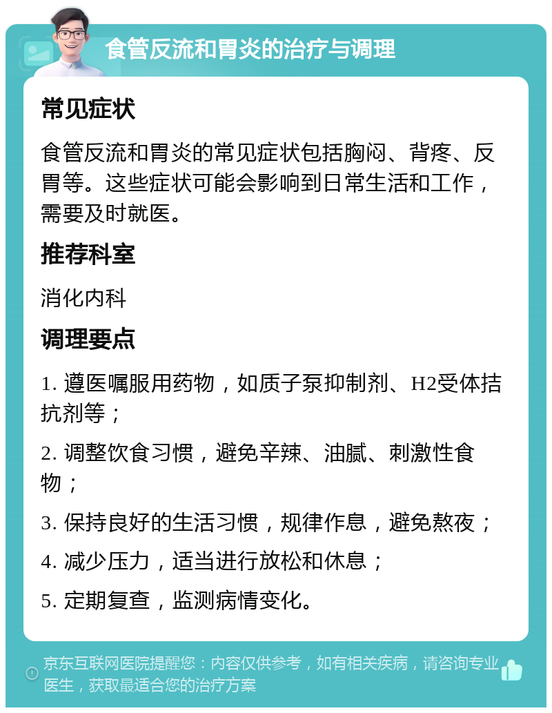 食管反流和胃炎的治疗与调理 常见症状 食管反流和胃炎的常见症状包括胸闷、背疼、反胃等。这些症状可能会影响到日常生活和工作，需要及时就医。 推荐科室 消化内科 调理要点 1. 遵医嘱服用药物，如质子泵抑制剂、H2受体拮抗剂等； 2. 调整饮食习惯，避免辛辣、油腻、刺激性食物； 3. 保持良好的生活习惯，规律作息，避免熬夜； 4. 减少压力，适当进行放松和休息； 5. 定期复查，监测病情变化。